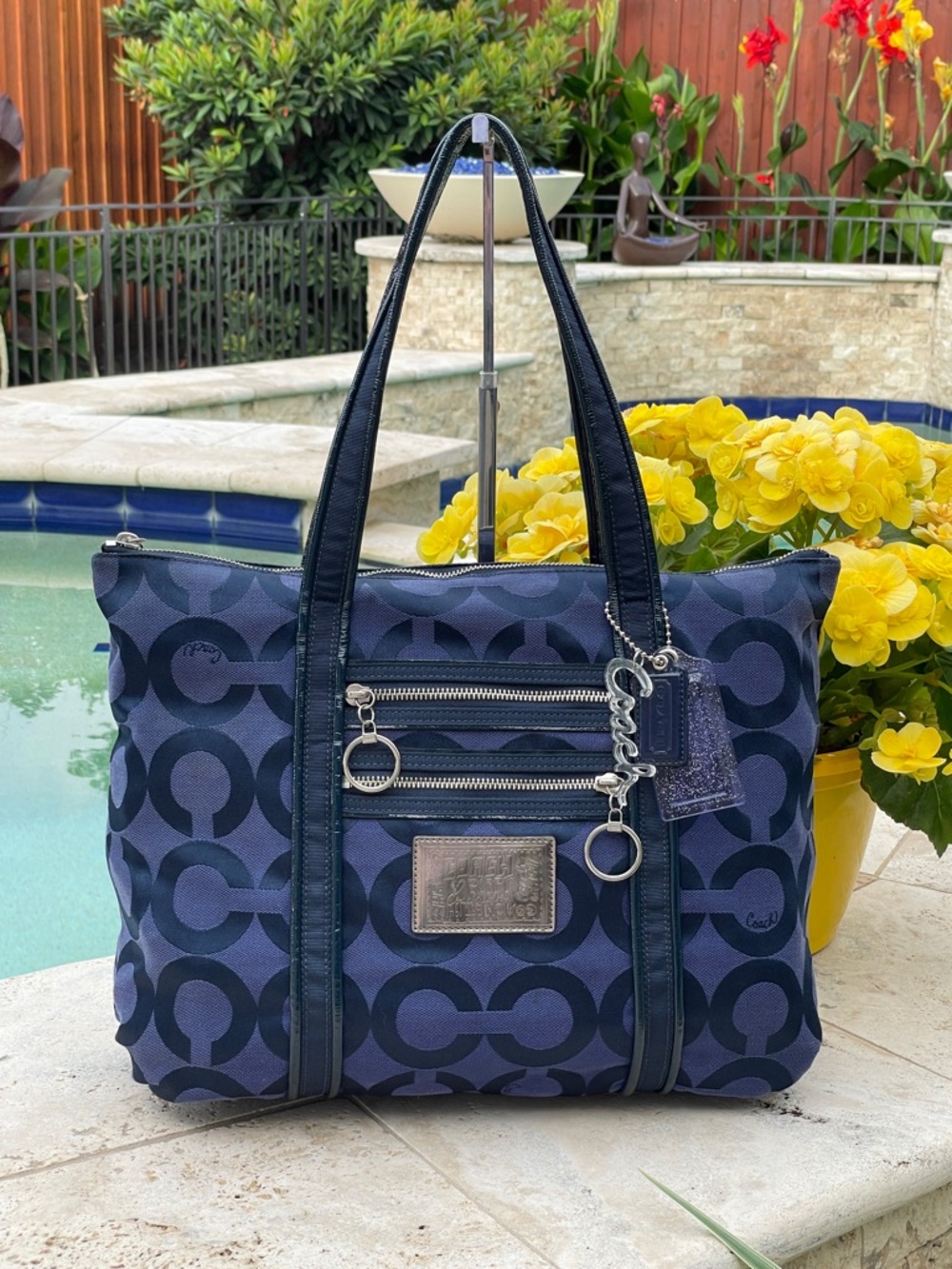Coach Poppy Navy and Lighter Blue Signature Canvas Tote